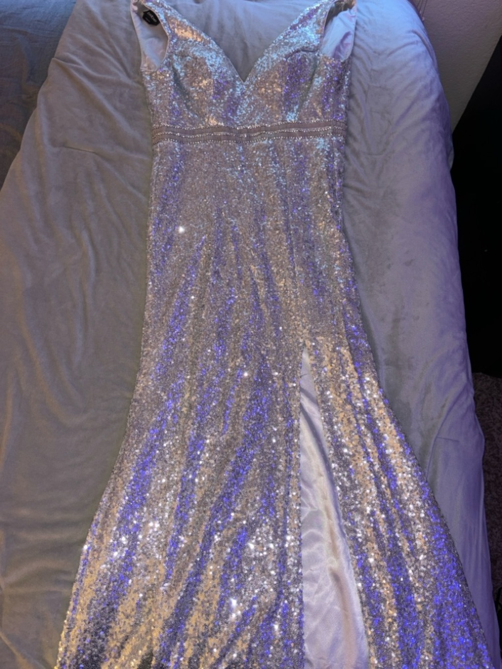 bebe Silver Sequin Gown